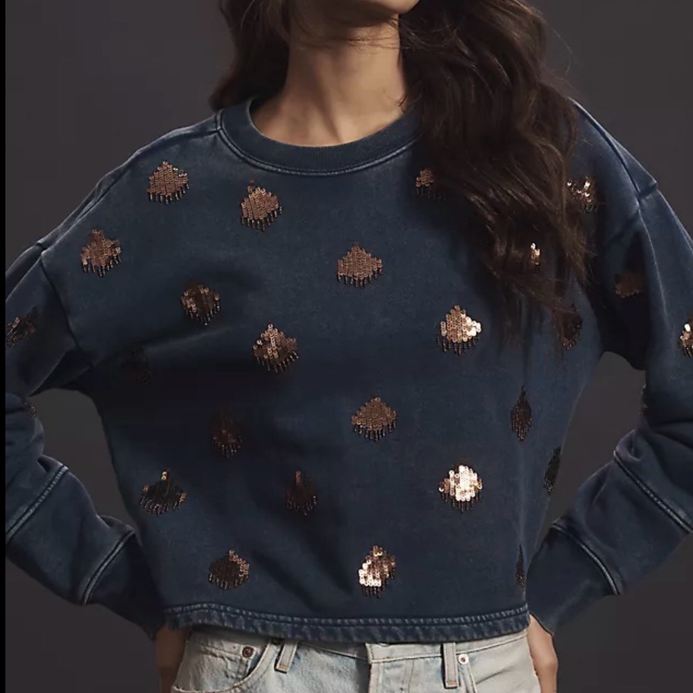 PILCRO Anthropologie Sequin Washed Blue Denim Sweatshirt  Size M  EUC